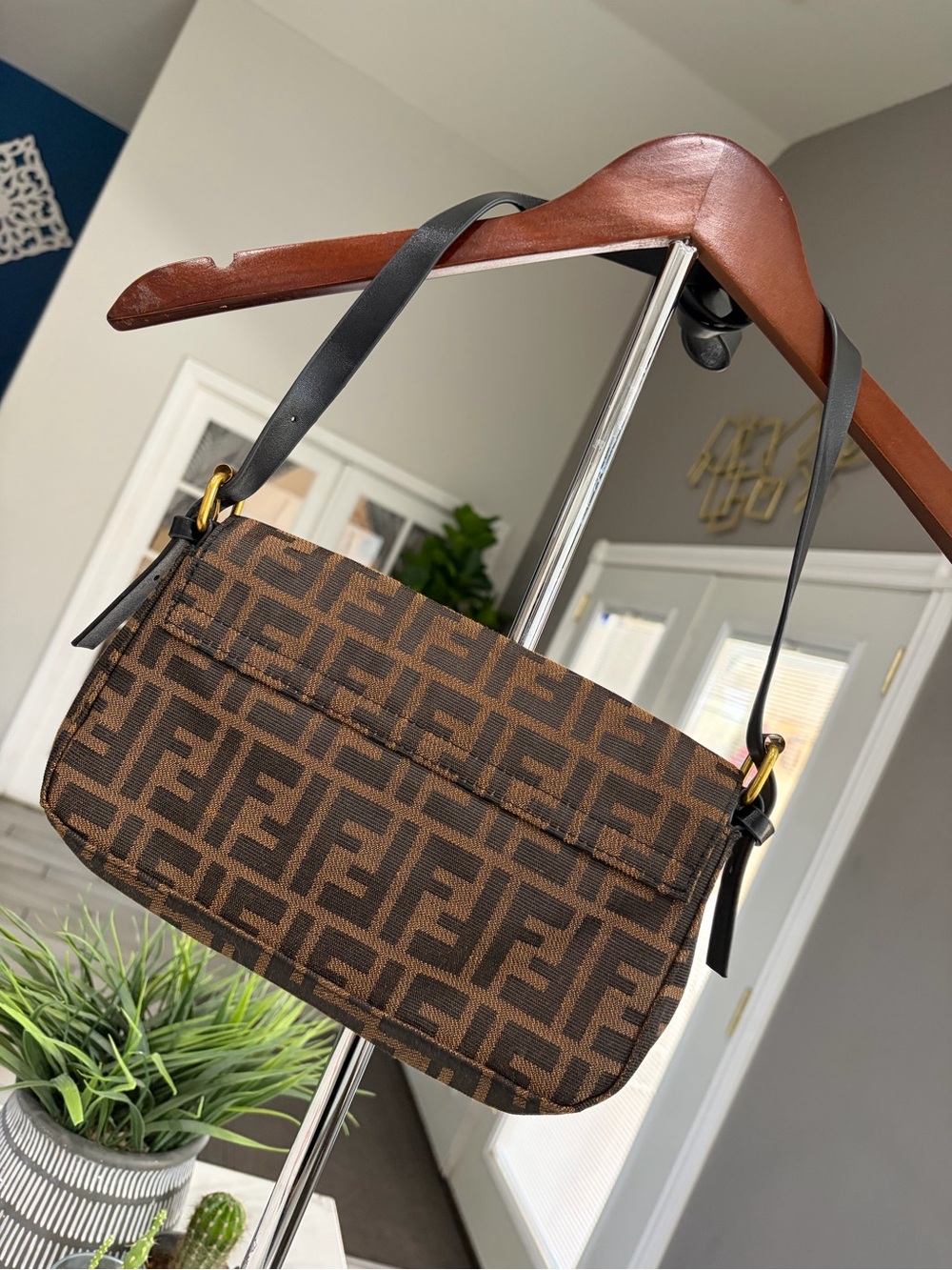 Designer-Inspired Brown Monogram Shoulder Bag with Gold Hardware - Picture 2 of 10